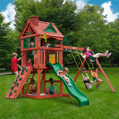 The Sun Palace II is a premium cedar wood swing set that is pre-cut, pre-sanded, pre-stained, and ready to assemble in your backyard over the weekend. . Gorilla swing